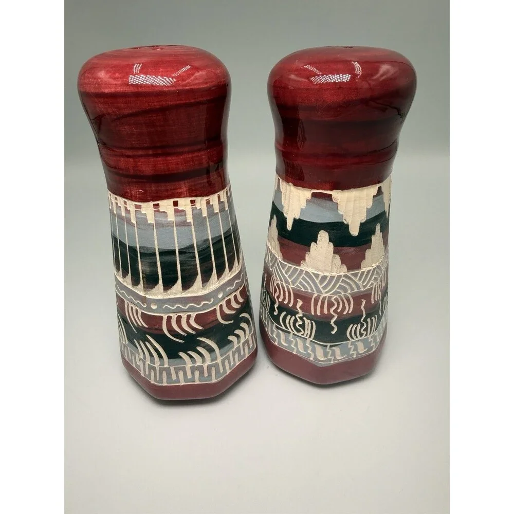 Vintage Navajo Salt & Pepper Shakers C King Hand Etched Southwestern Pottery 5”